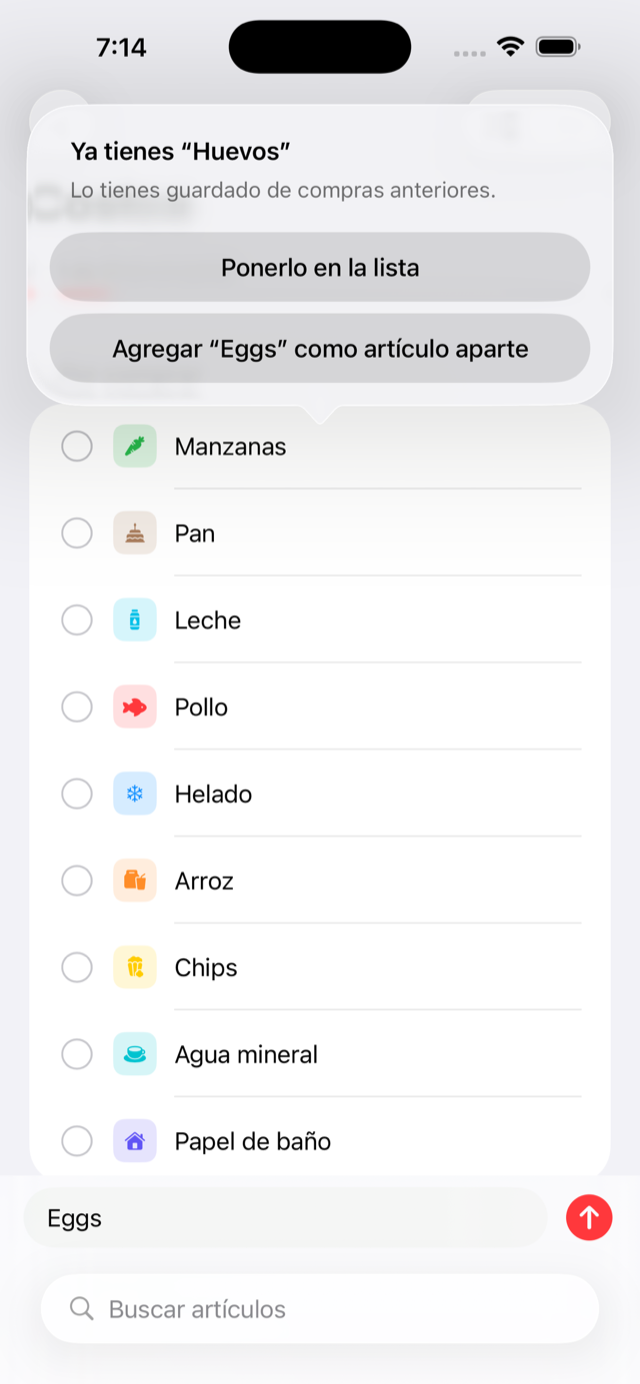 Despensa List detecta que Eggs y Huevos son lo mismo